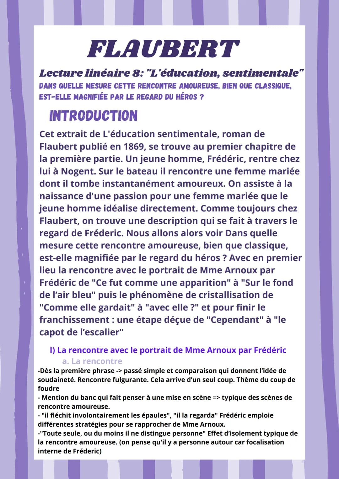 FLAUBERT
Lecture linéaire 8: "L'éducation, sentimentale"
DANS QUELLE MESURE CETTE RENCONTRE AMOUREUSE, BIEN QUE CLASSIQUE,
EST-ELLE MAGNIFIÉ