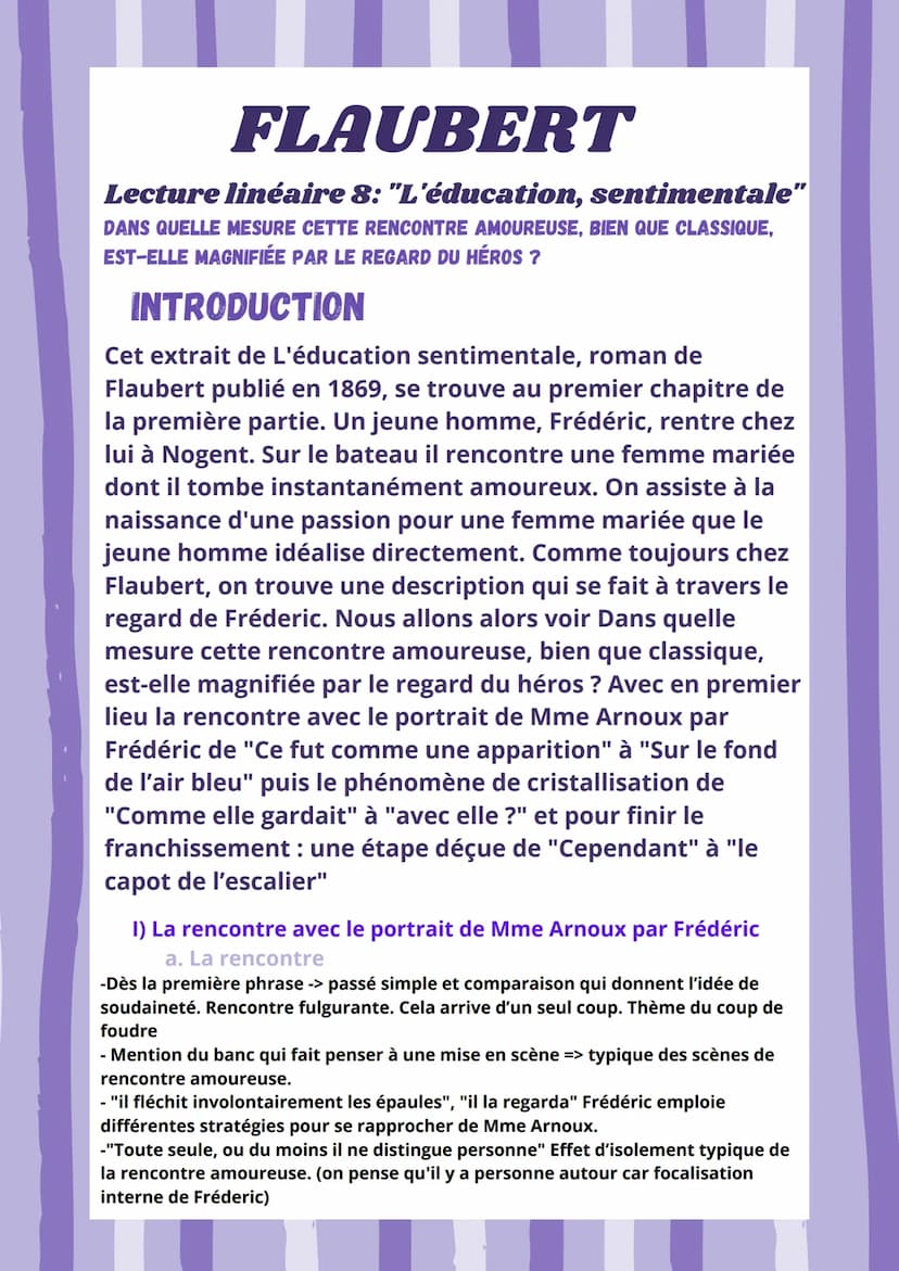 FLAUBERT
Lecture linéaire 8: "L'éducation, sentimentale"
DANS QUELLE MESURE CETTE RENCONTRE AMOUREUSE, BIEN QUE CLASSIQUE,
EST-ELLE MAGNIFIÉ