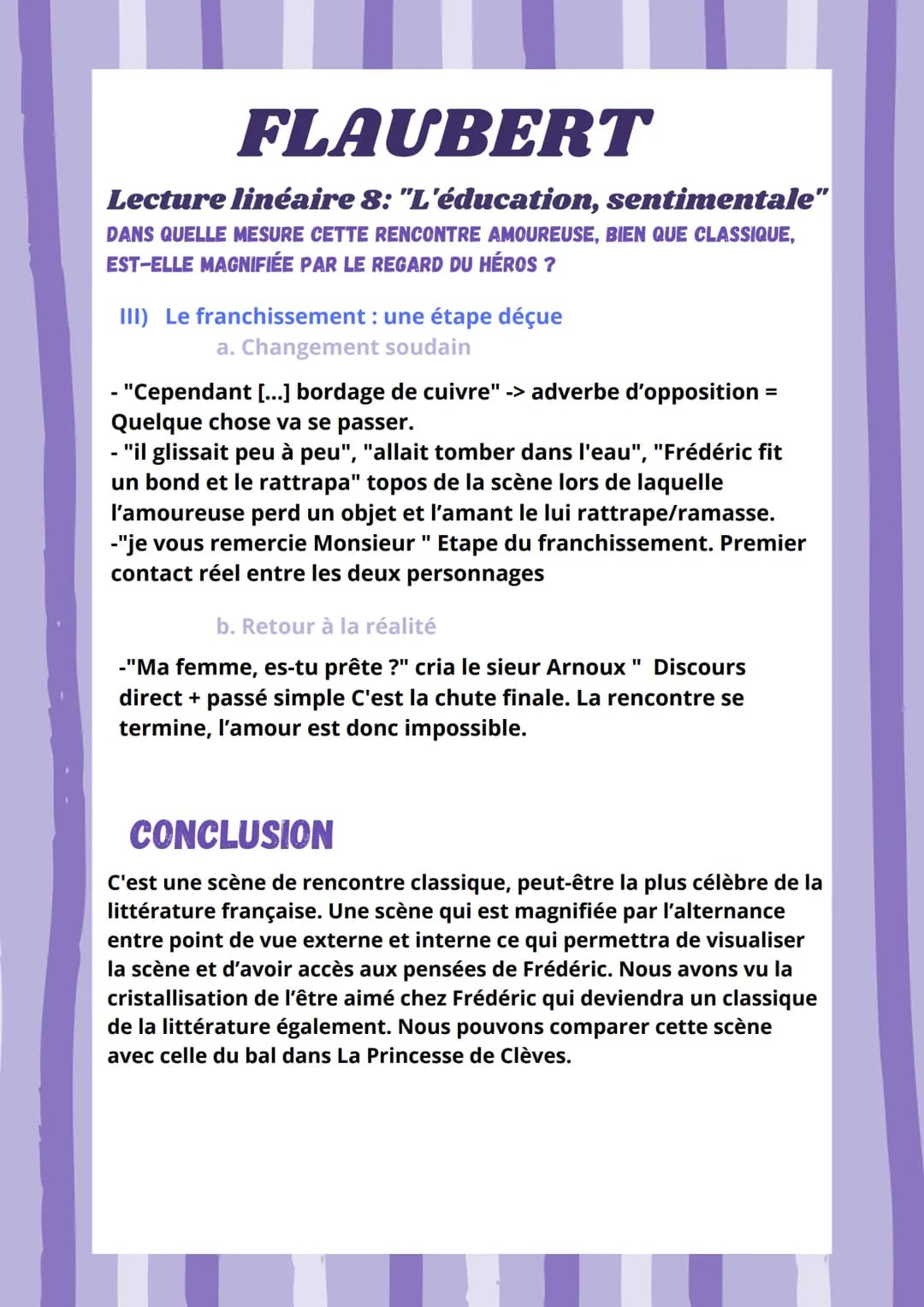 FLAUBERT
Lecture linéaire 8: "L'éducation, sentimentale"
DANS QUELLE MESURE CETTE RENCONTRE AMOUREUSE, BIEN QUE CLASSIQUE,
EST-ELLE MAGNIFIÉ