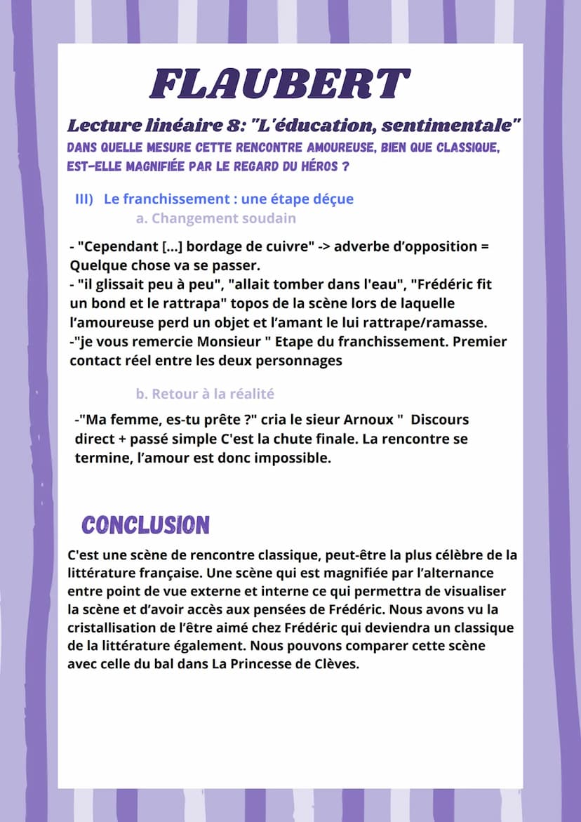 FLAUBERT
Lecture linéaire 8: "L'éducation, sentimentale"
DANS QUELLE MESURE CETTE RENCONTRE AMOUREUSE, BIEN QUE CLASSIQUE,
EST-ELLE MAGNIFIÉ