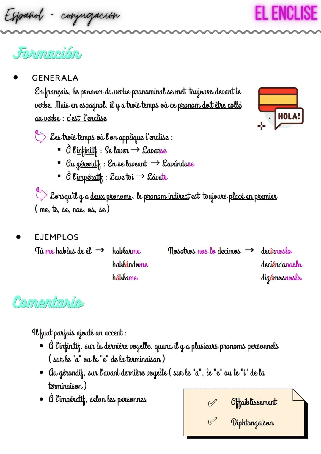Español - conjugación
Formación
GENERALA
En français, le pronom du verbe pronominal se met toujours devant le
verbe. Mais en espagnol, il y 