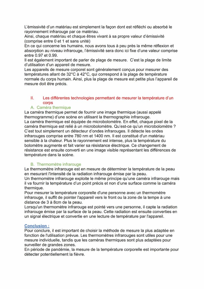 Comment peut-on mesurer la température corporelle sans contact et ainsi détecter la
fièvre ?
Introduction :
La mesure de la température corp