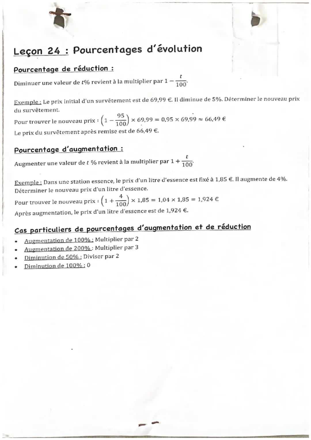 Calcul des pourcentages d'évolution