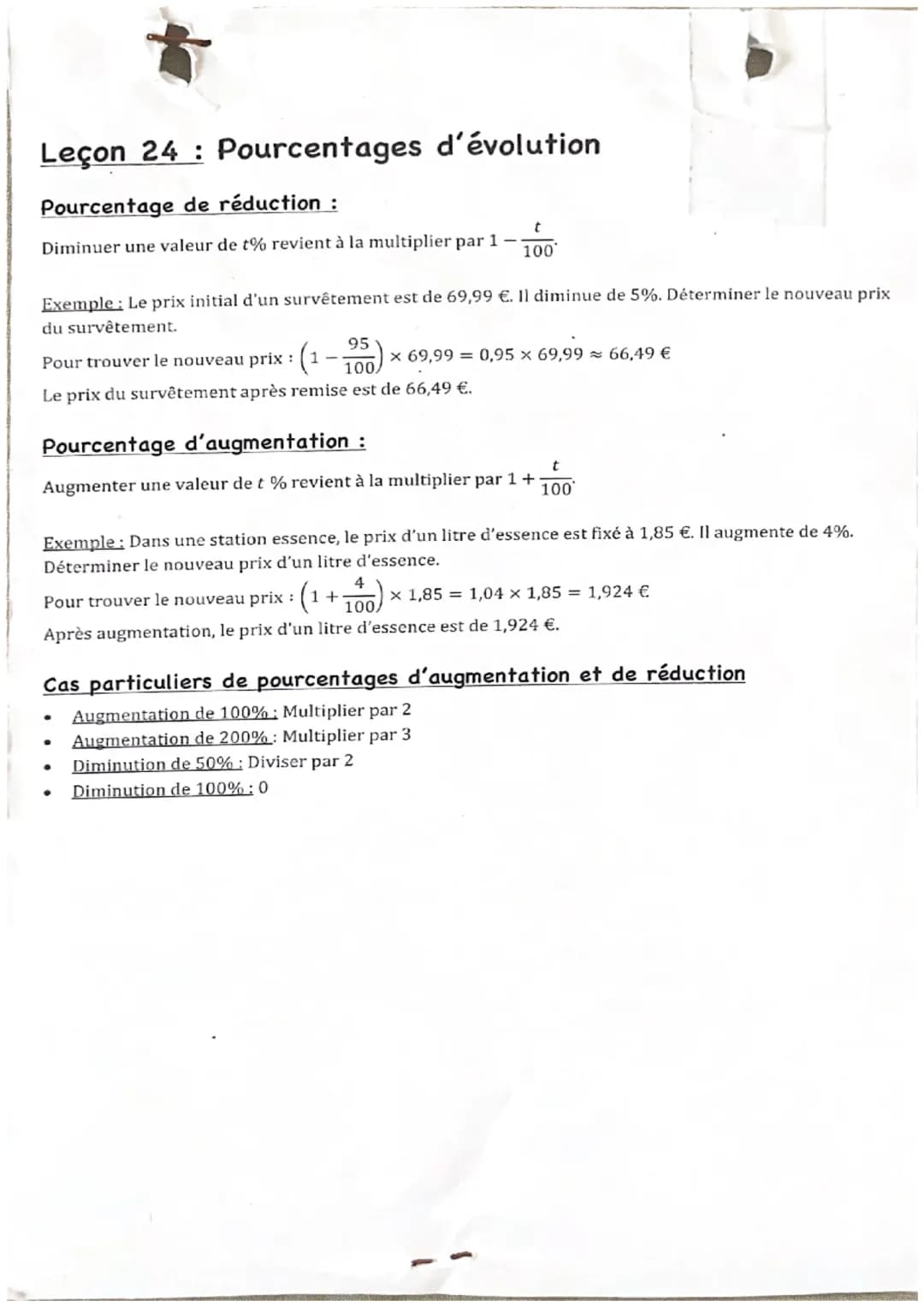 Leçon 24: Pourcentages d'évolution
Pourcentage de réduction :
Diminuer une valeur de t% revient à la multiplier par 1
Exemple: Le prix initi