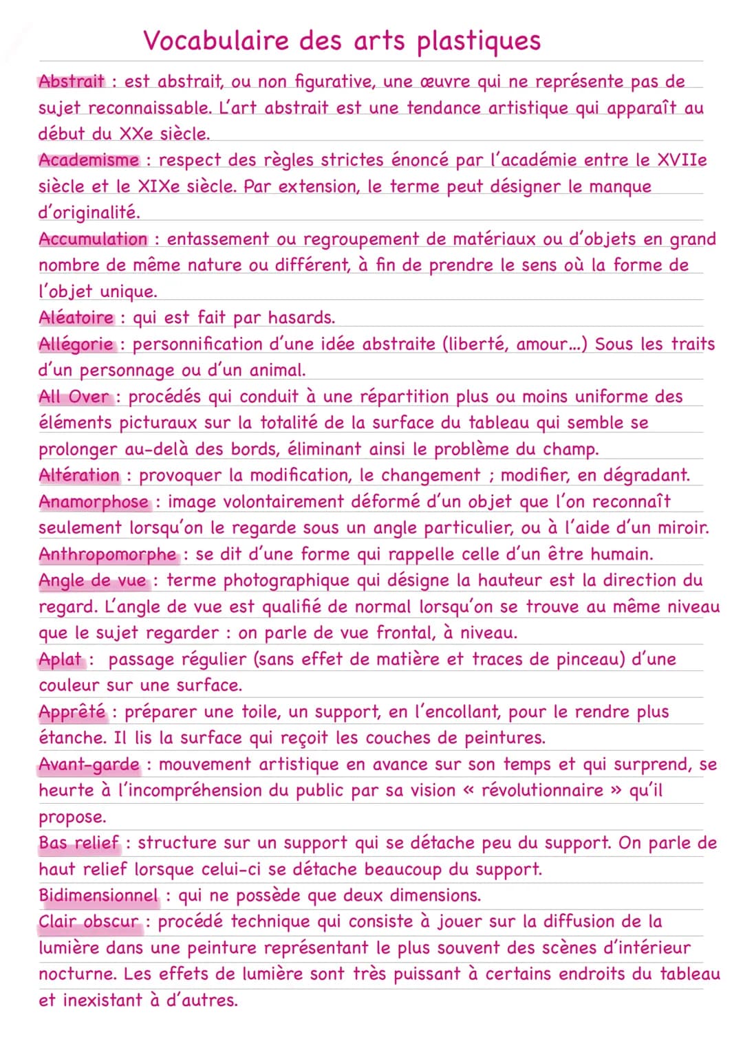 Vocabulaire des arts plastiques
Abstrait : est abstrait, ou non figurative, une œuvre qui ne représente pas de
sujet reconnaissable. L'art a