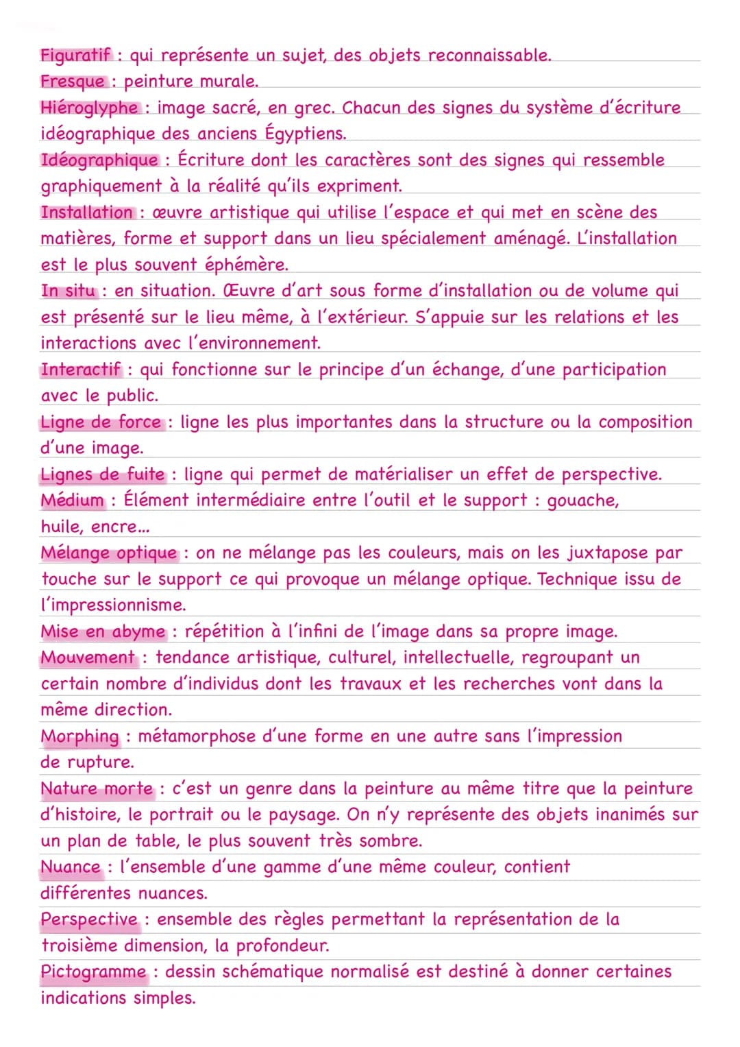 Vocabulaire des arts plastiques
Abstrait : est abstrait, ou non figurative, une œuvre qui ne représente pas de
sujet reconnaissable. L'art a