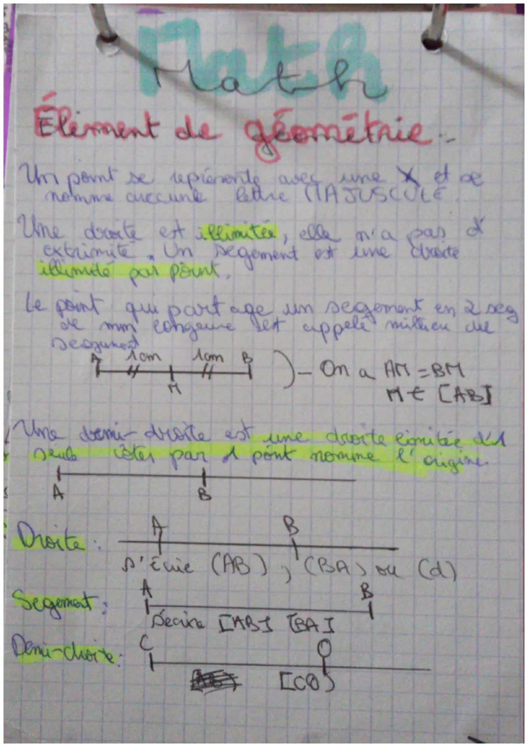 Les élément géométrie. Les droites,les segments et la demi droite. 