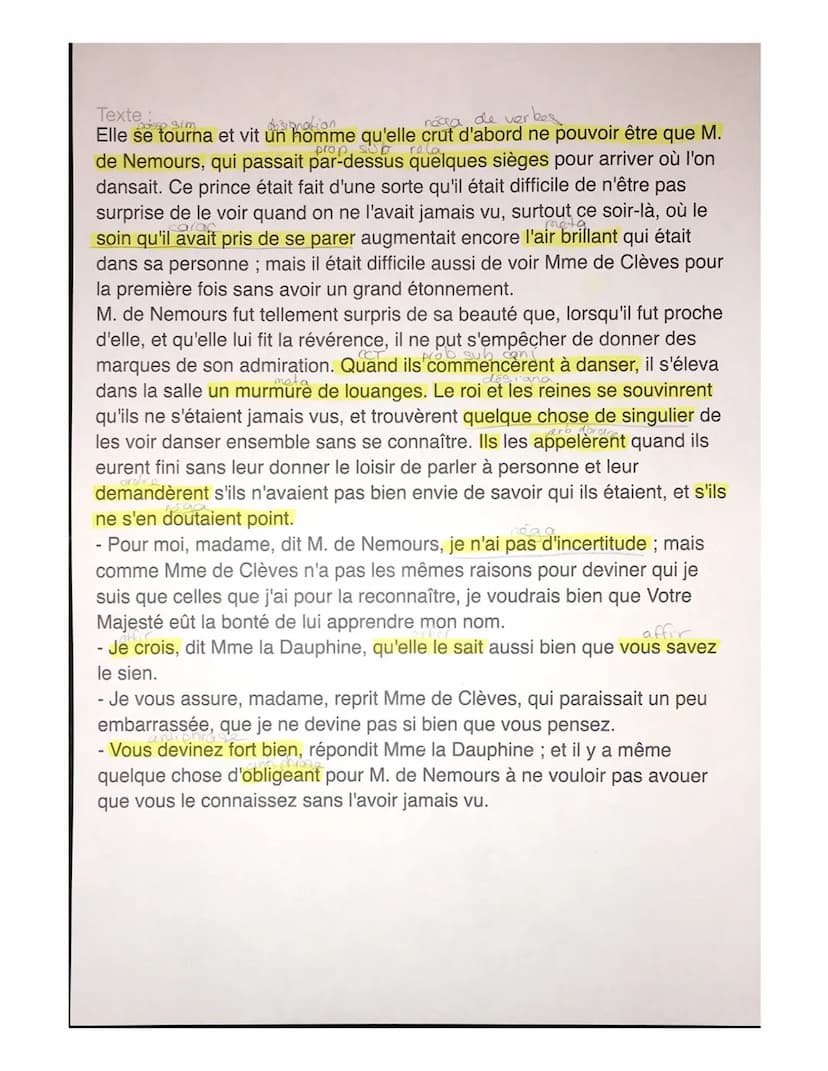 
<p>Le passage "La Princesse de Clèves : Scène du bal" met en scène une rencontre inattendue entre la Princesse de Clèves et le Duc de Nemou