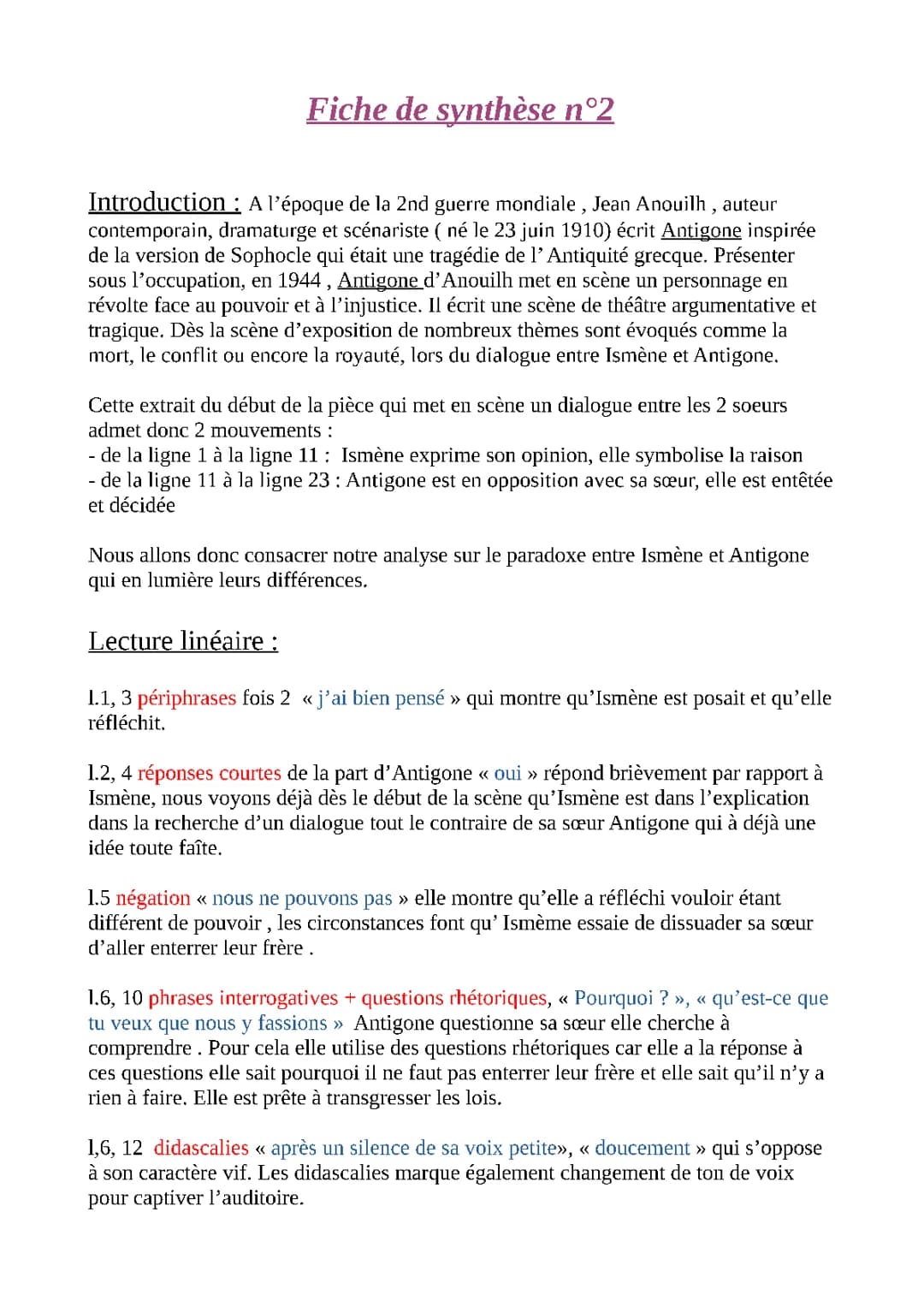 Analyse linéaire Antigone et Ismène et Prologue - Anouilh 3ème