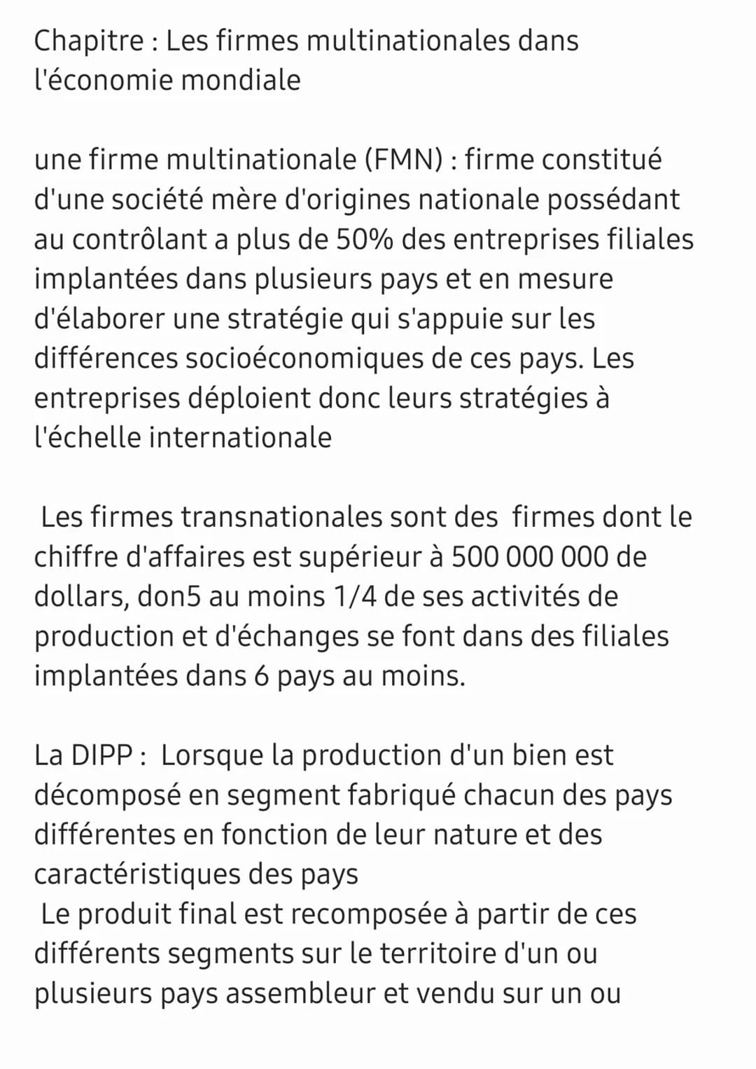 Chapitre : Les firmes multinationales dans
l'économie mondiale
une firme multinationale (FMN): firme constitué
d'une société mère d'origines