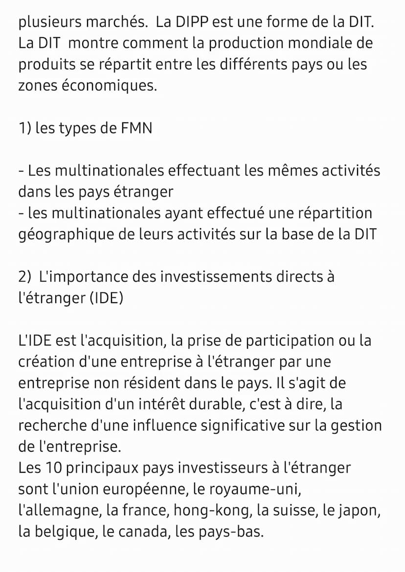 Chapitre : Les firmes multinationales dans
l'économie mondiale
une firme multinationale (FMN): firme constitué
d'une société mère d'origines