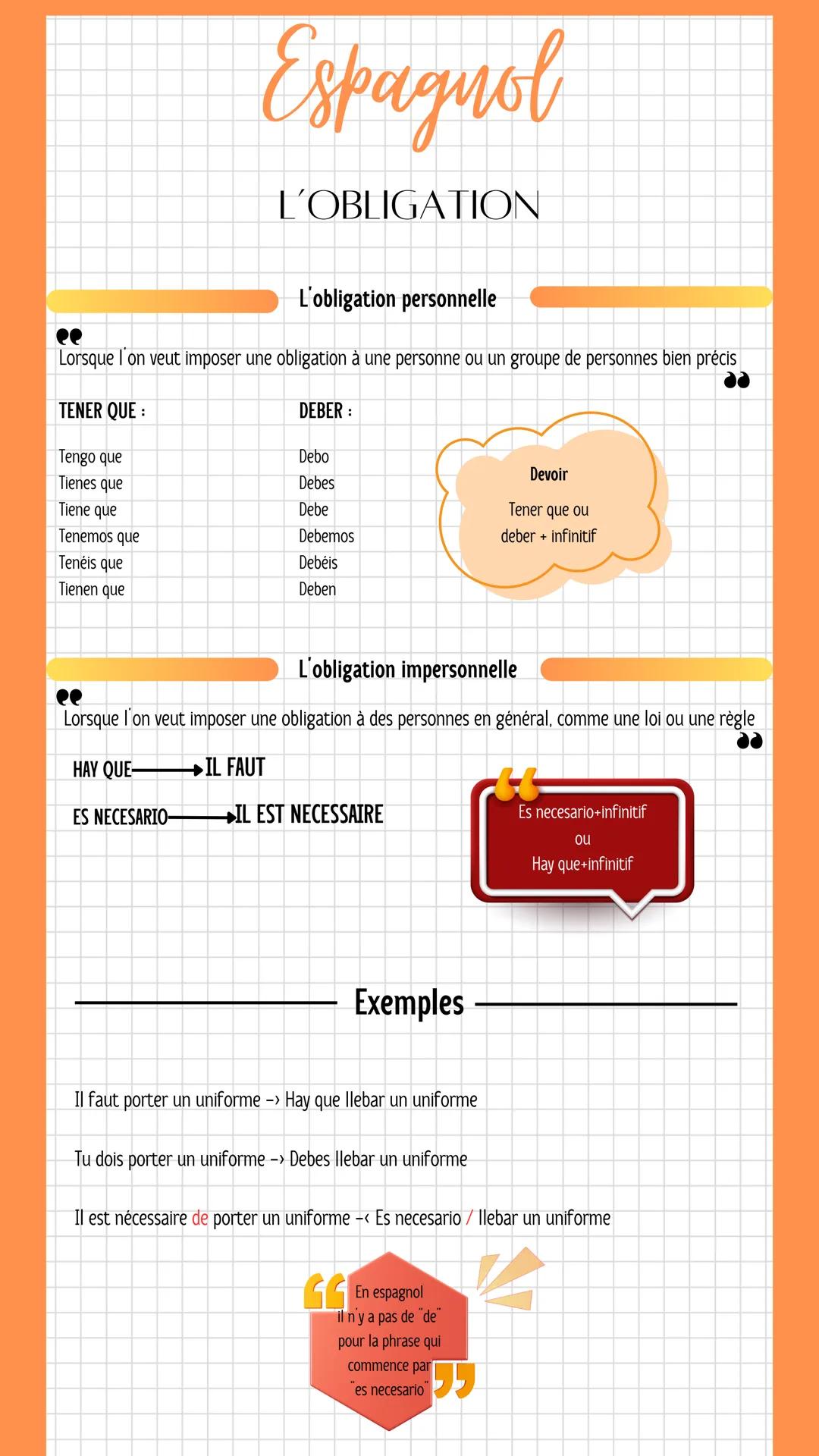 Espagnol
L'OBLIGATION
L'obligation personnelle
ee
Lorsque l'on veut imposer une obligation à une personne ou un groupe de personnes bien pré