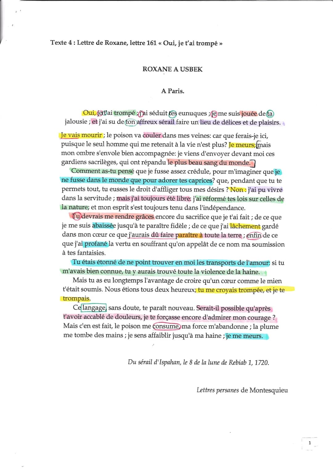 Texte 4: Lettre de Roxane, lettre 161 « Oui, je t'ai trompé »
ROXANE A USBEK
A Paris.
Oui, je t'ai trompé ;j'ai séduit tes eunuques ;je me s