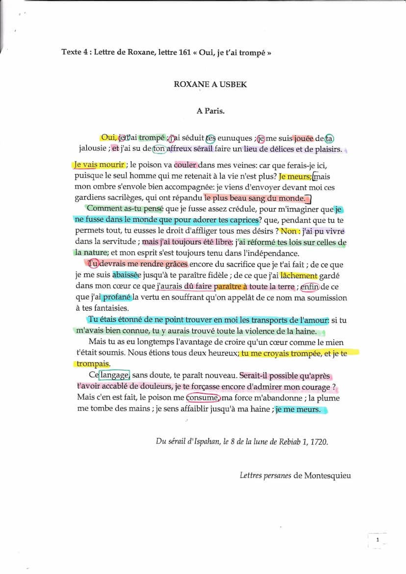 Texte 4: Lettre de Roxane, lettre 161 « Oui, je t'ai trompé »
ROXANE A USBEK
A Paris.
Oui, je t'ai trompé ;j'ai séduit tes eunuques ;je me s