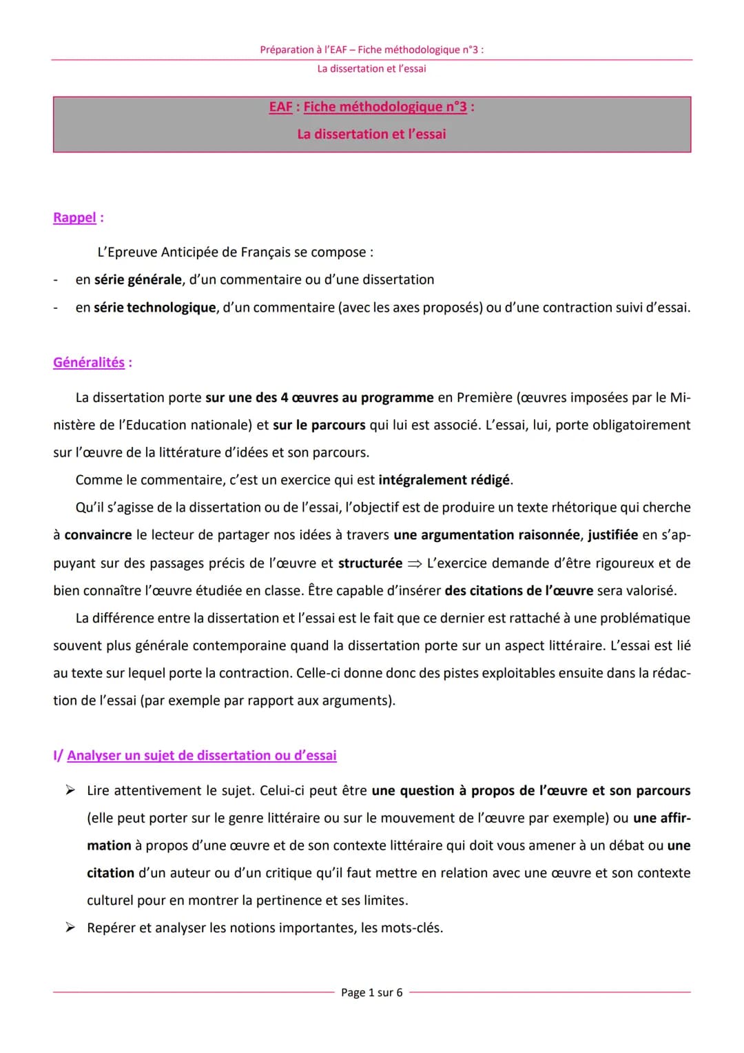 Rappel :
Préparation à l'EAF - Fiche méthodologique n°3 :
La dissertation et l'essai
Généralités :
EAF : Fiche méthodologique n°3 :
La disse
