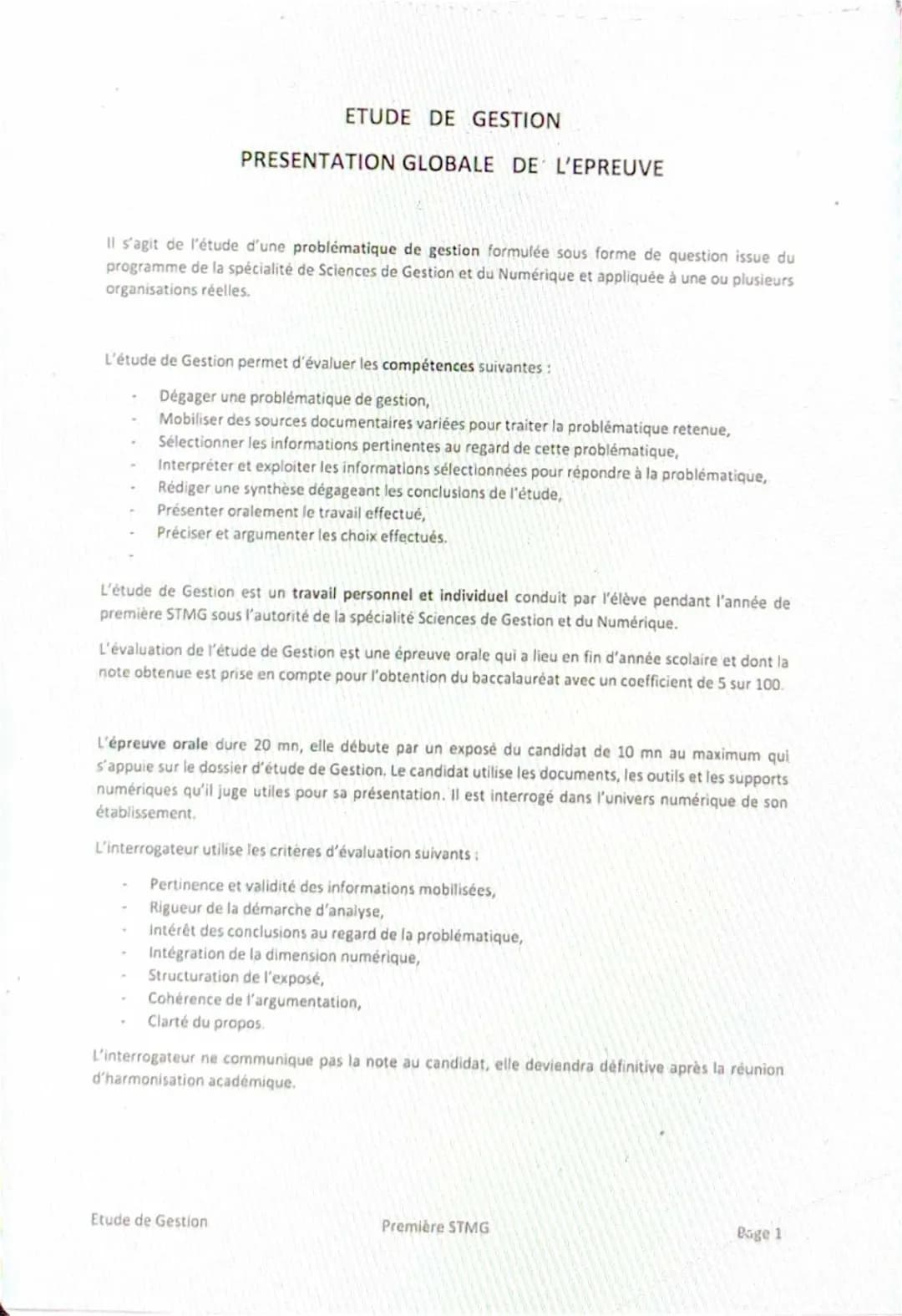 Exemple PDF Étude de Gestion STMG pour Oral 1ère STMG 2024
