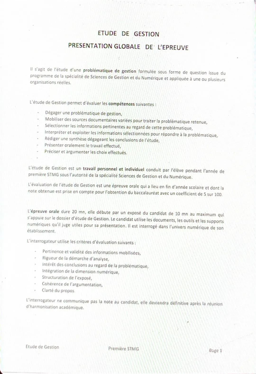 Il s'agit de l'étude d'une problématique de gestion formulée sous forme de question issue du
programme de la spécialité de Sciences de Gesti