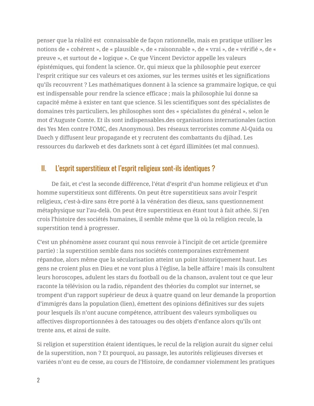La religion est-elle réductible
à de la superstition ?
Introduction
Philosophie
En mettant en évidence les limites intrinsèque de la science