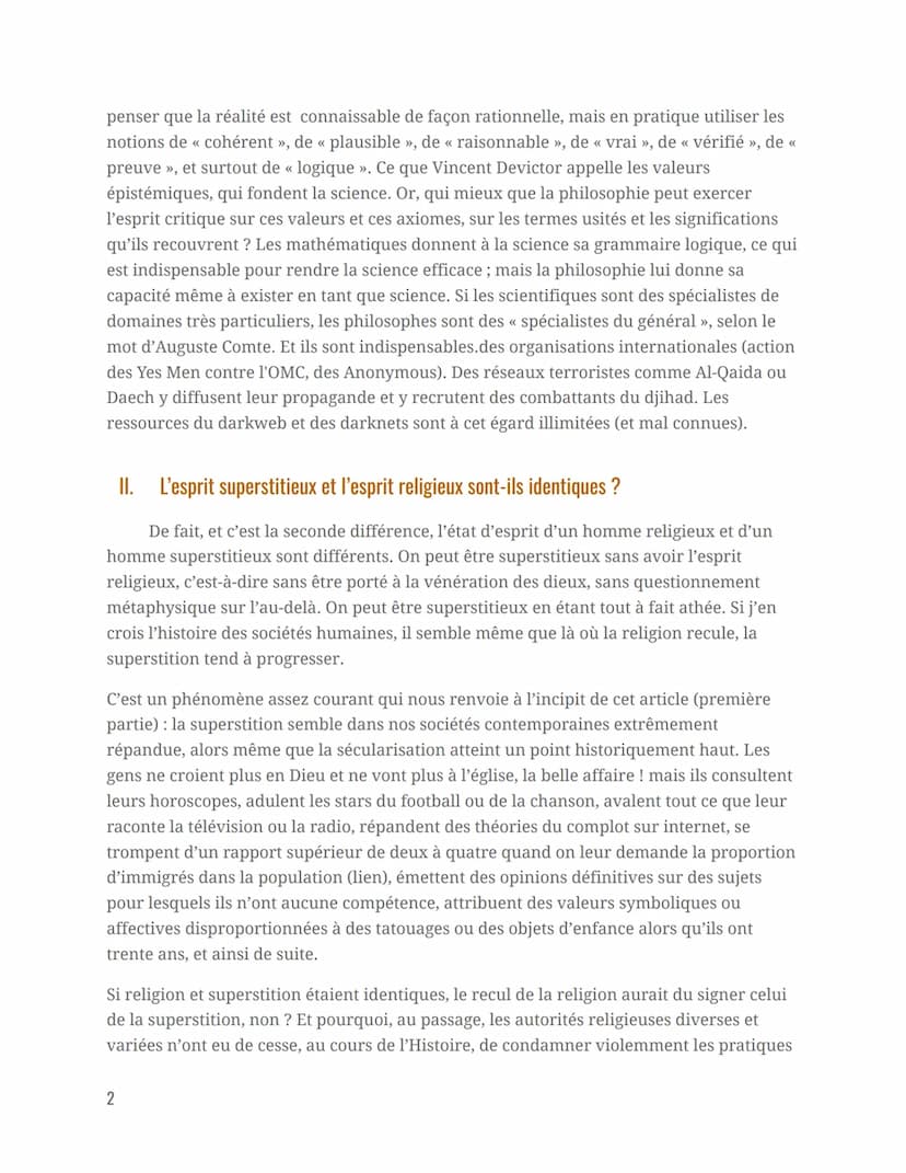 La religion est-elle réductible
à de la superstition ?
Introduction
Philosophie
En mettant en évidence les limites intrinsèque de la science