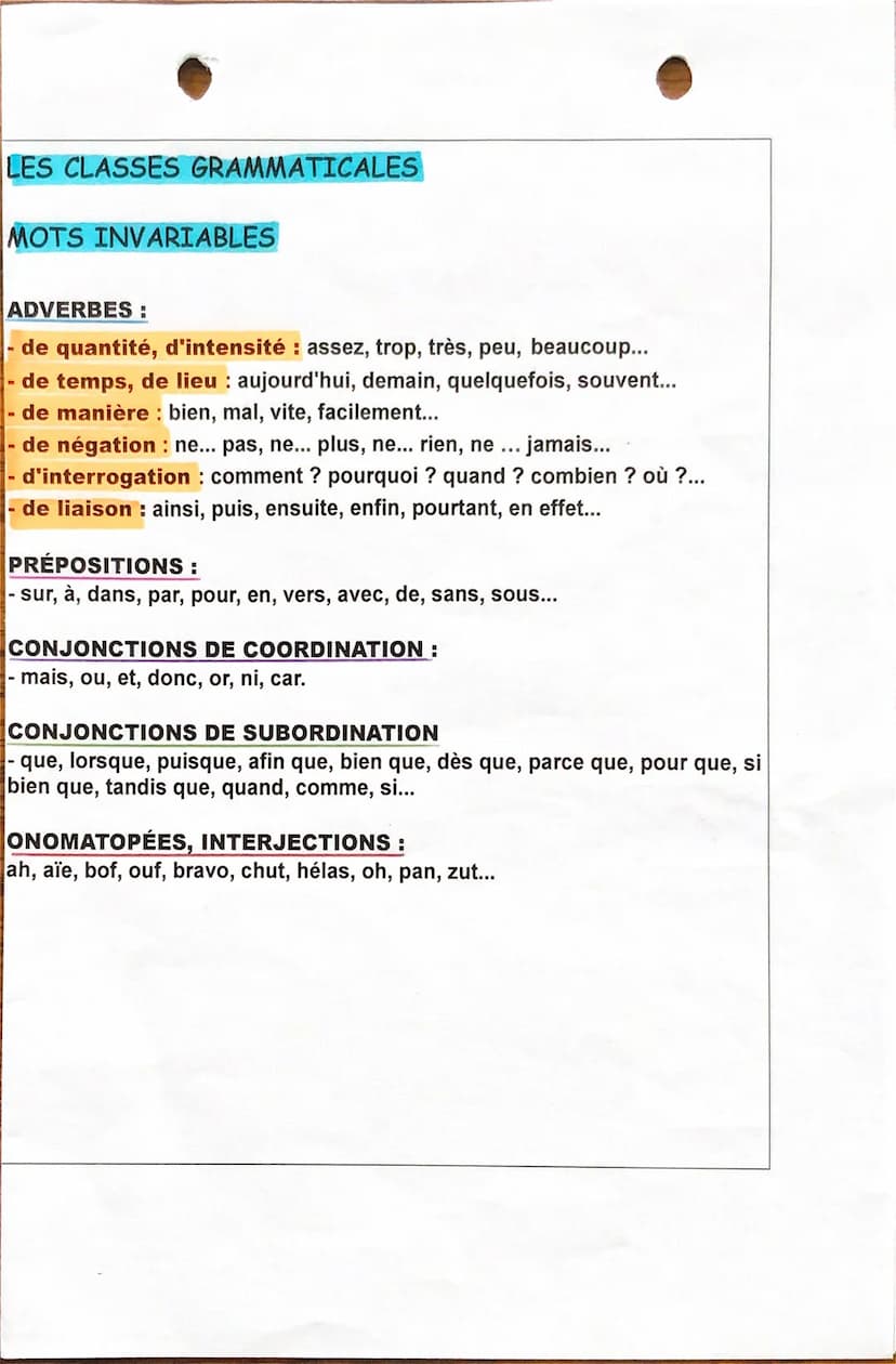 FICHE DE RÉVISION : LES CLASSES GRAMMATICALES
MOTS VARIABLES
NOMS:
- communs: désir, cheval...
- propres Victor, Thaïlande...
DETERMINANTS :
