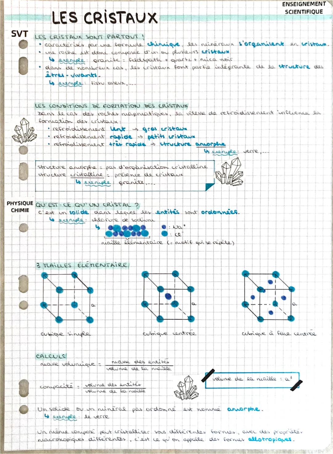 SVT
LES CRISTAUX
LES CRISTAUX SONT PARTOUT !
• caracterier par une formule chinuique les minéraux s'organisent en cristaux.
ine roche est do