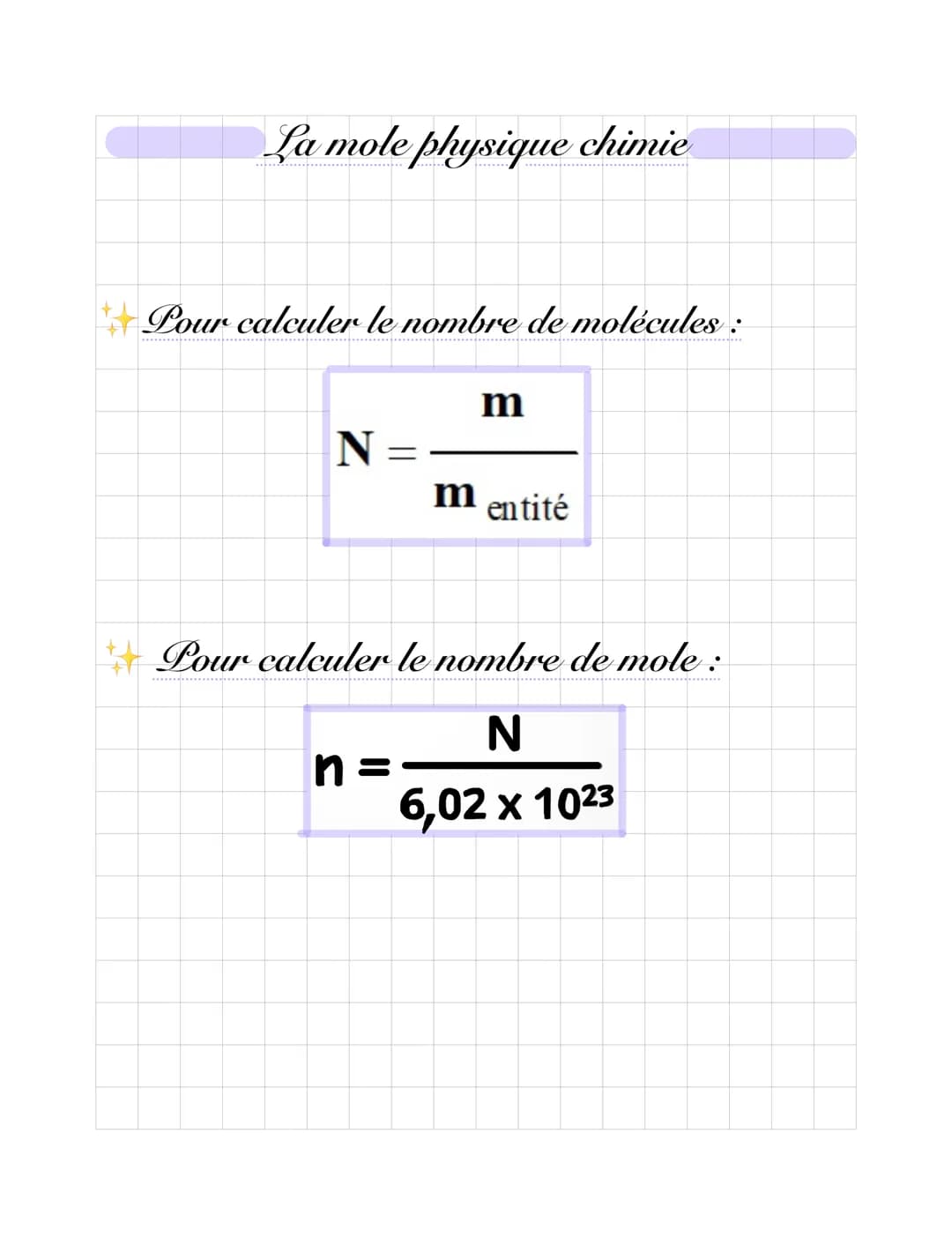 La mole physique chimie
Pour calculer le nombre de molécules:
N =
m
n=
m
entité
Pour calculer le nombre de mole:
N
6,02 x 10²3