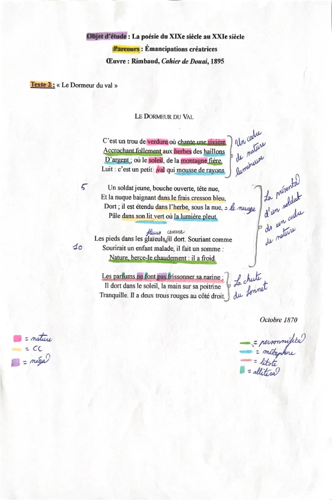 Objet d'étude: La poésie du XIXe siècle au XXIe siècle
Parcours: Émancipations créatrices
Œuvre: Rimbaud, Cahier de Douai, 1895
Texte 2: <<<
