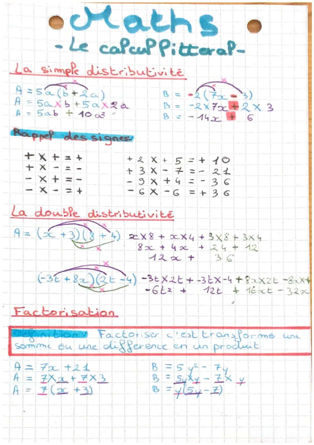 La simple distributivité
A=5a (b + 2a)
•Maths.
- Le calcul Pitteral-
A
5axb+5 ax2a
5ab + 10
Rappel des signes:
A
++11
xxxx
+X+=+
+1+1
(-3E+8