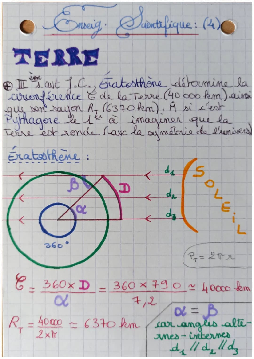 Ensarig. Subrntifique : (4)
TERRE
• II I. aut J.C... Eratosthene détermine la
circonférence & de la Terre (40 000 km) ainsi
que son rayon R₂