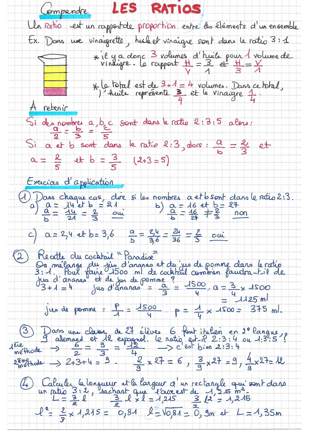 Comprendre LES RATIOS

Un ratio est un rapportde proportion entre les éléments d'un ensemble
Ex. Dans une vinaigrette, huile et vinaigre son
