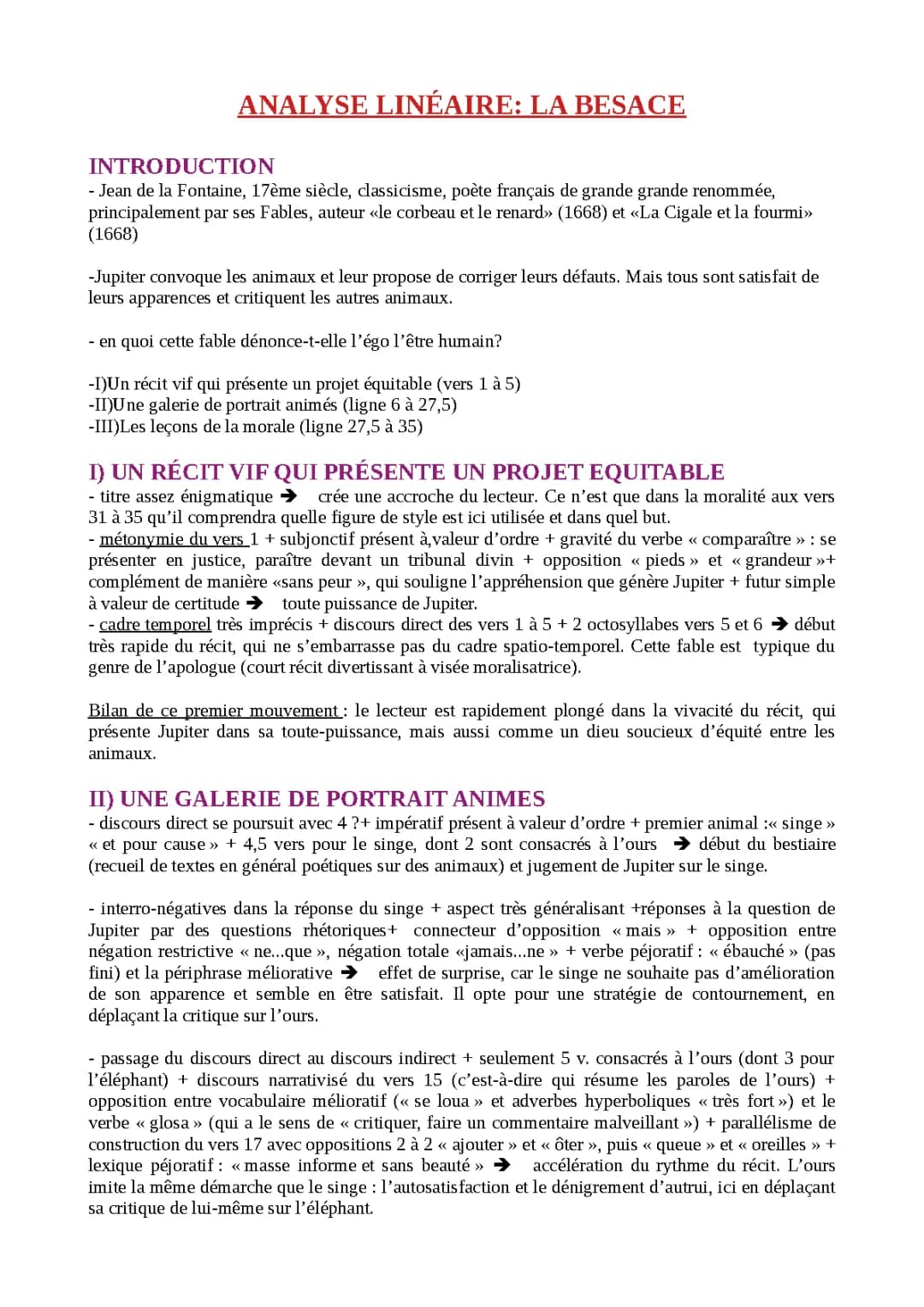 analyse linéaire de la besace de Jean de la Fontaine