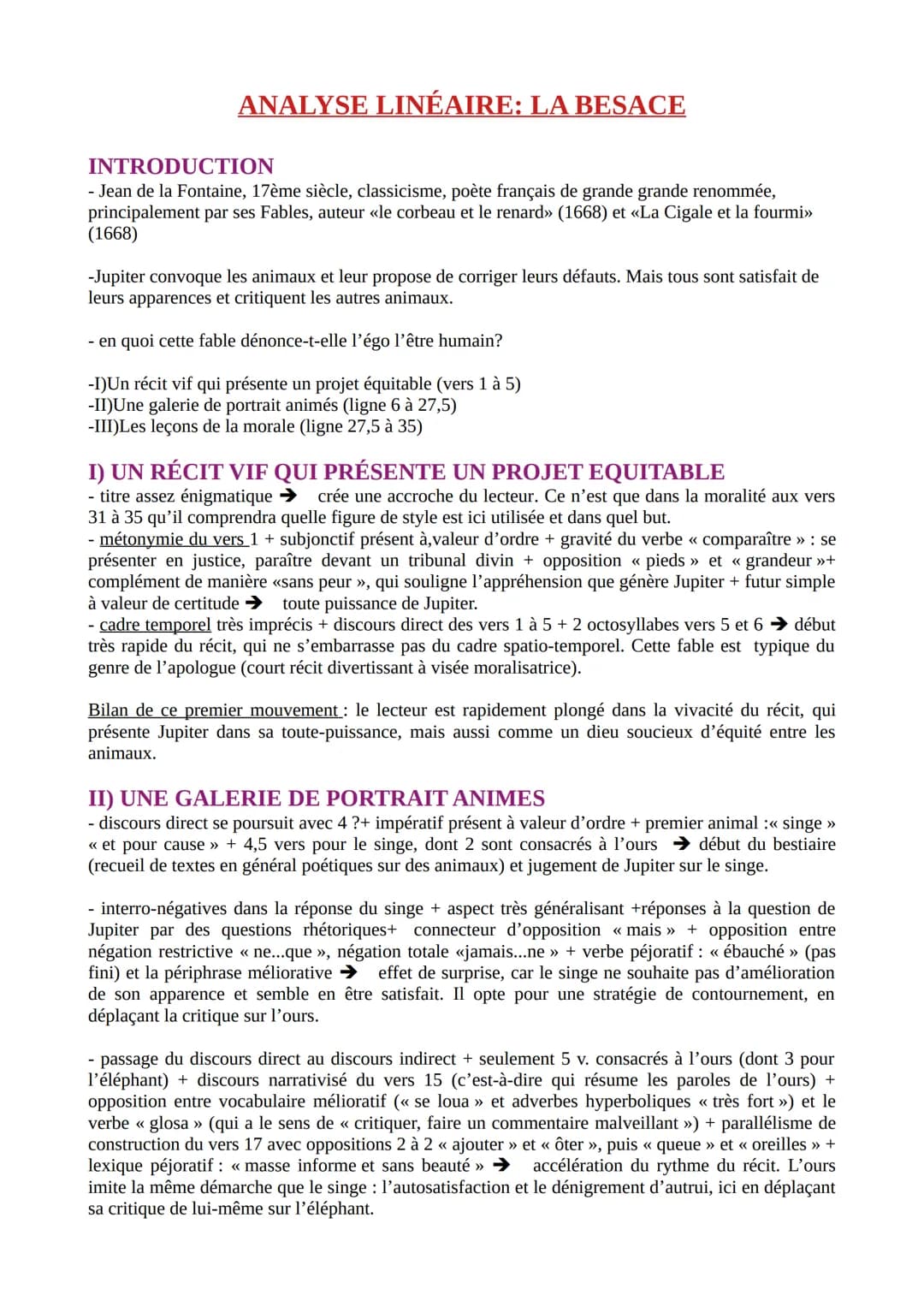 ANALYSE LINÉAIRE: LA BESACE
INTRODUCTION
- Jean de la Fontaine, 17ème siècle, classicisme, poète français de grande grande renommée,
princip