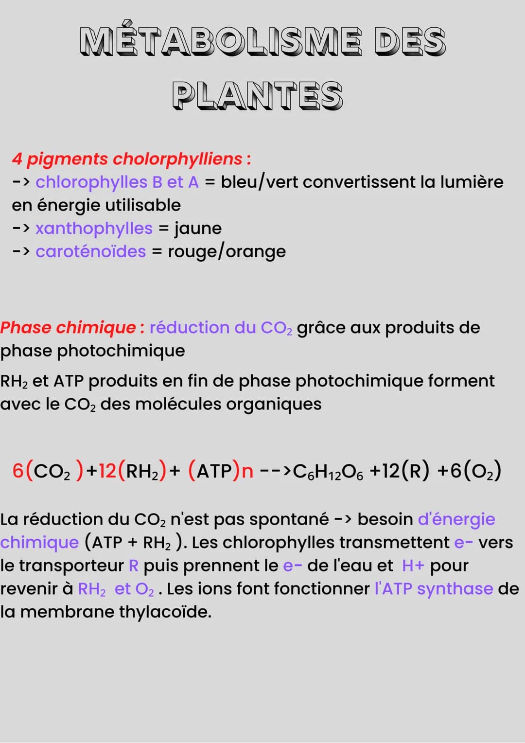 MÉTABOLISME DES
PLANTES
Les plantes produisent : matière organique à partir de
matière minérale
Autotrophie : capacité à produire de la mati