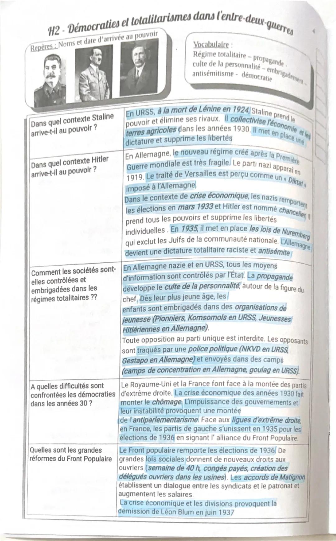 H2-Démocraties et totalitarismes dans l'entre-deux-querres
Repères Noms et date d'arrivée au pouvoir
Vocabulaire:
Régime totalitaire propaga