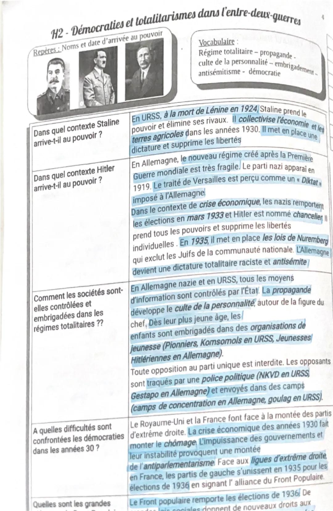 H2-Démocraties et totalitarismes dans l'entre-deux-querres
Repères Noms et date d'arrivée au pouvoir
Vocabulaire:
Régime totalitaire propaga