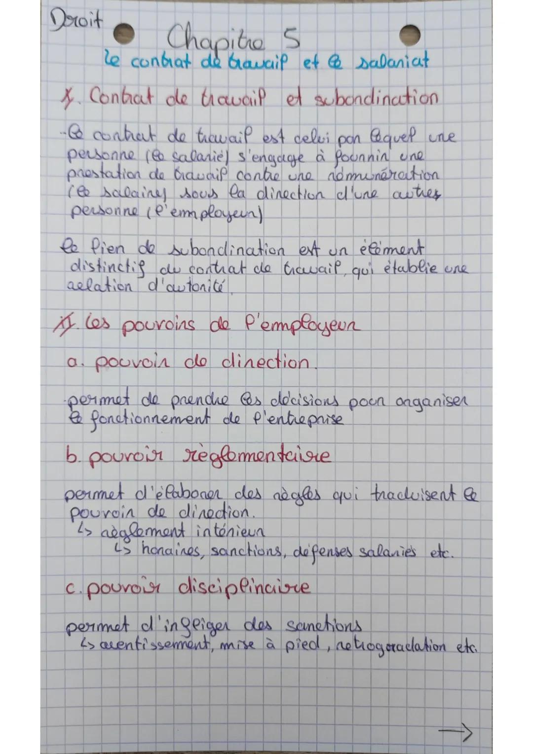 Droit
# Chapitre 5
Le contrat de bravail et & salariat

4. Contrat de travail et subordination

- contrat de travail est celui pon lequel un