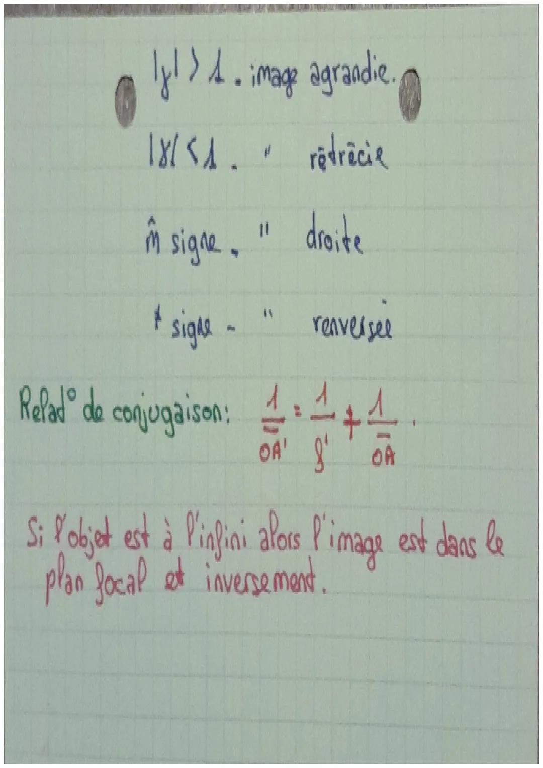 images et couleurs
Lentille convergente: 1; 0
Lentille divergente : X; 1.
-OF = OP!
sens de la
marche
A'B
AB
A
/F
foyer abjet
18/18
OA'
cend