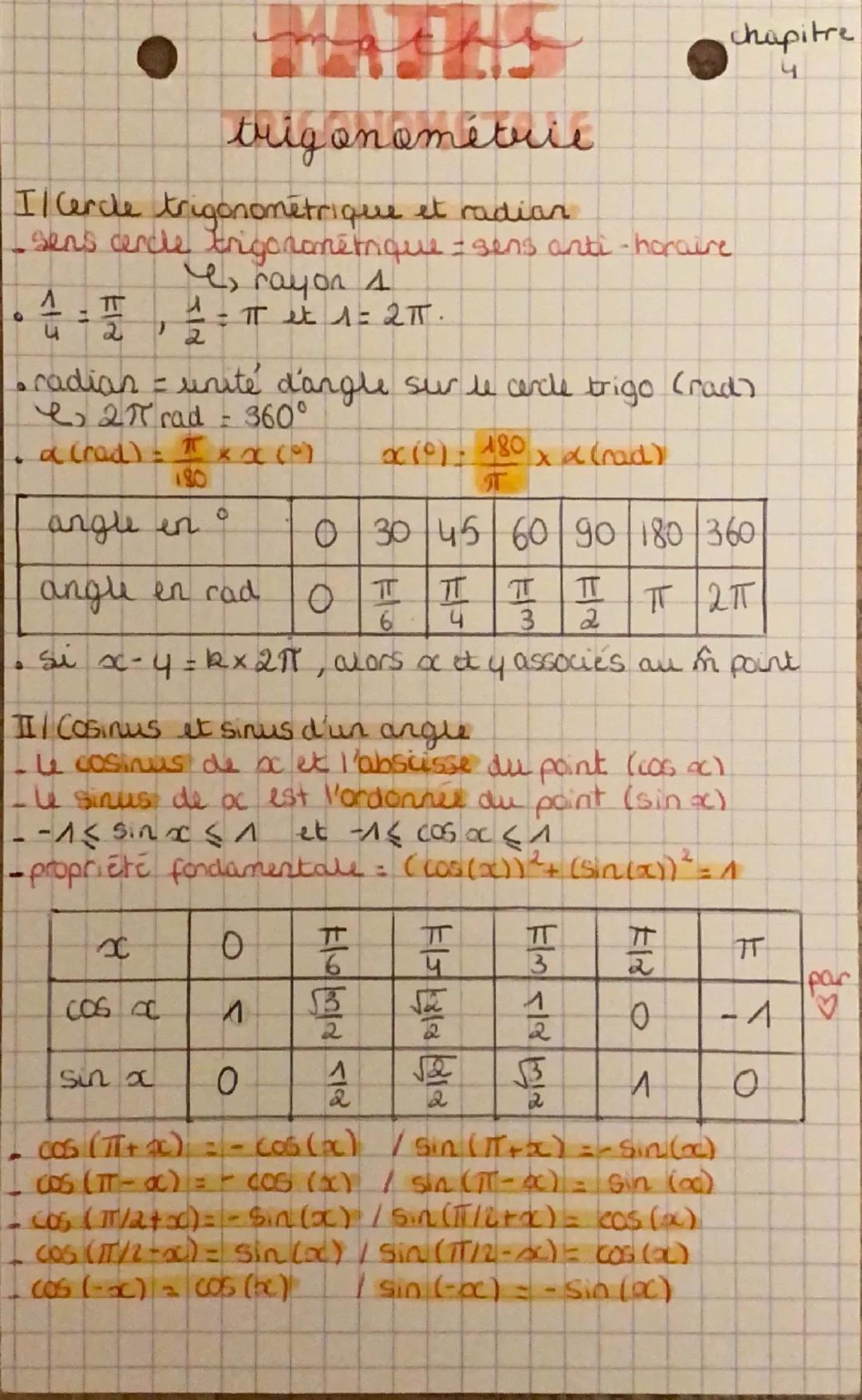 chapitre
4
# trigonométrie
Il Cercle trigonométrique et radian
- sens cercle trigoranétique sens anti-horaire
$e$, rayon 1
- $\frac{1}{4} = 