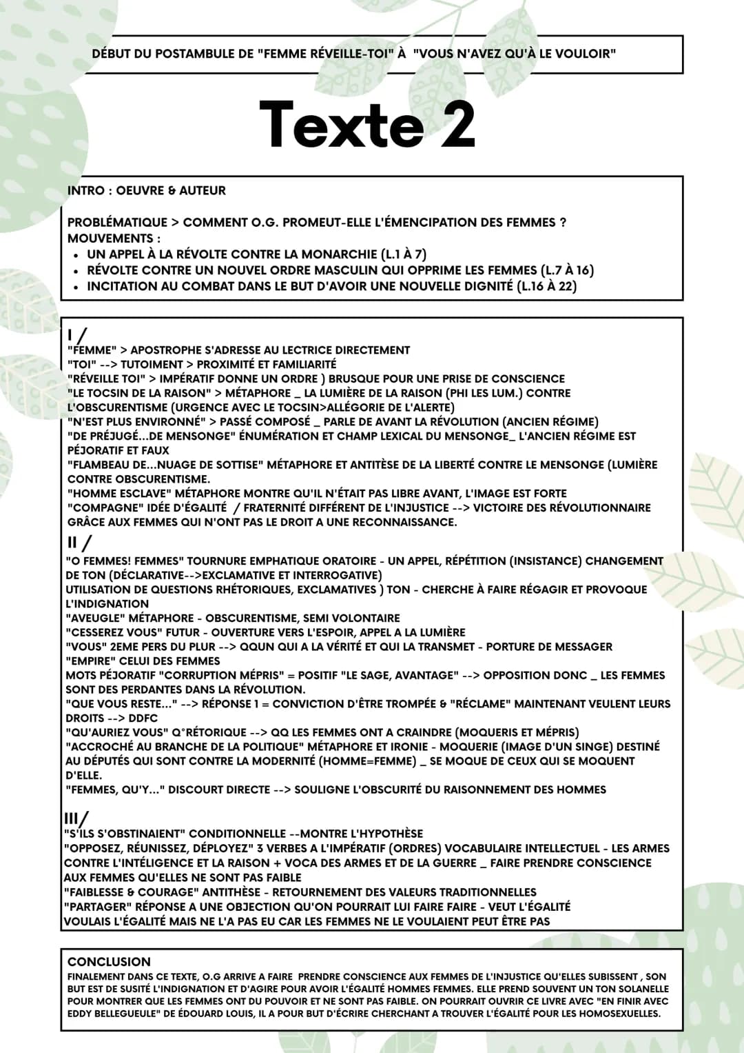 DÉBUT DU POSTAMBULE DE "FEMME RÉVEILLE-TOI" À "VOUS N'AVEZ QU'À LE VOULOIR"
INTRO: OEUVRE & AUTEUR
●
Texte 2
PROBLÉMATIQUE > COMMENT O.G. PR