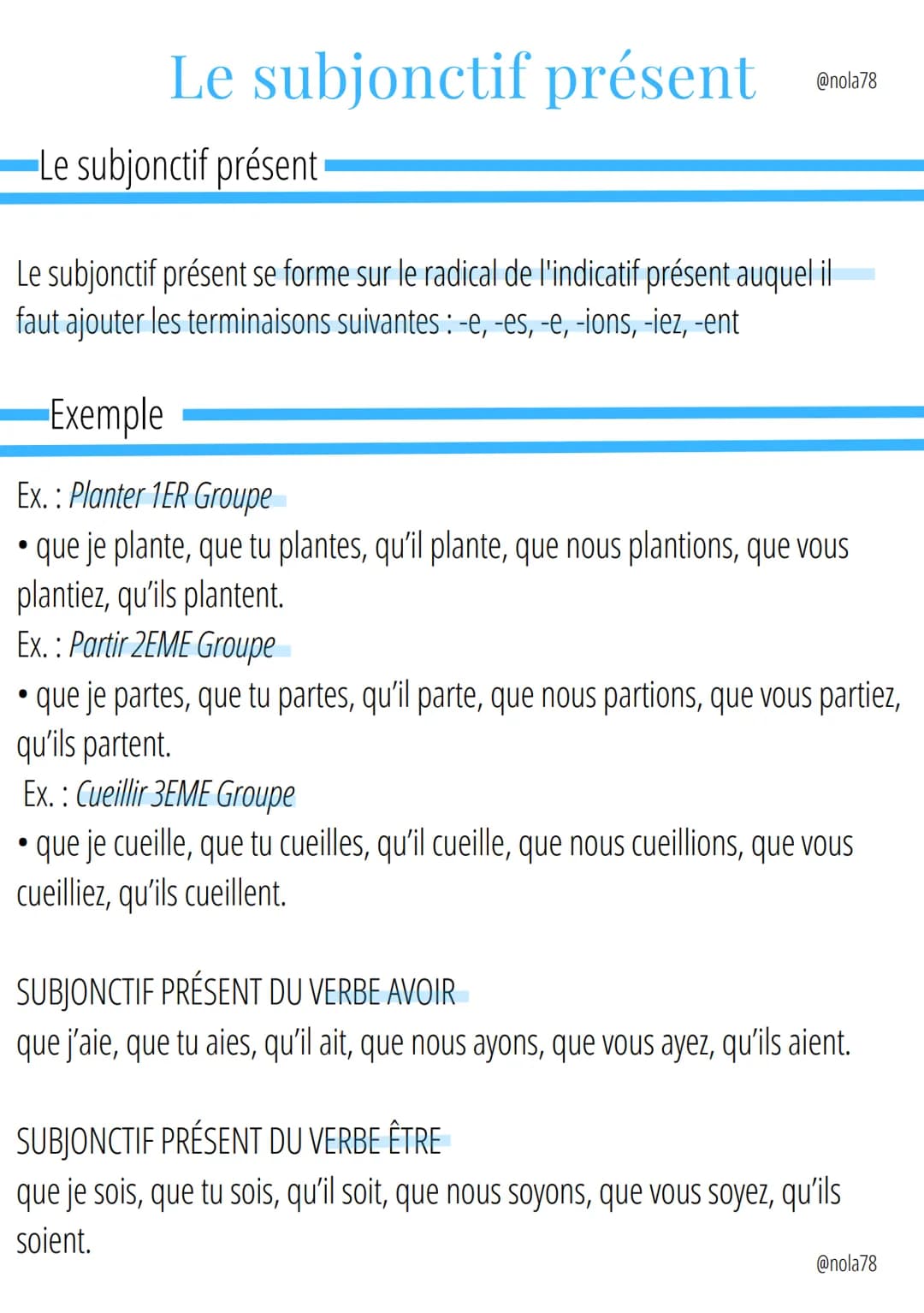 Le subjonctif présent
Le subjonctif présent
@nola78
Le subjonctif présent se forme sur le radical de l'indicatif présent auquel il
faut ajou