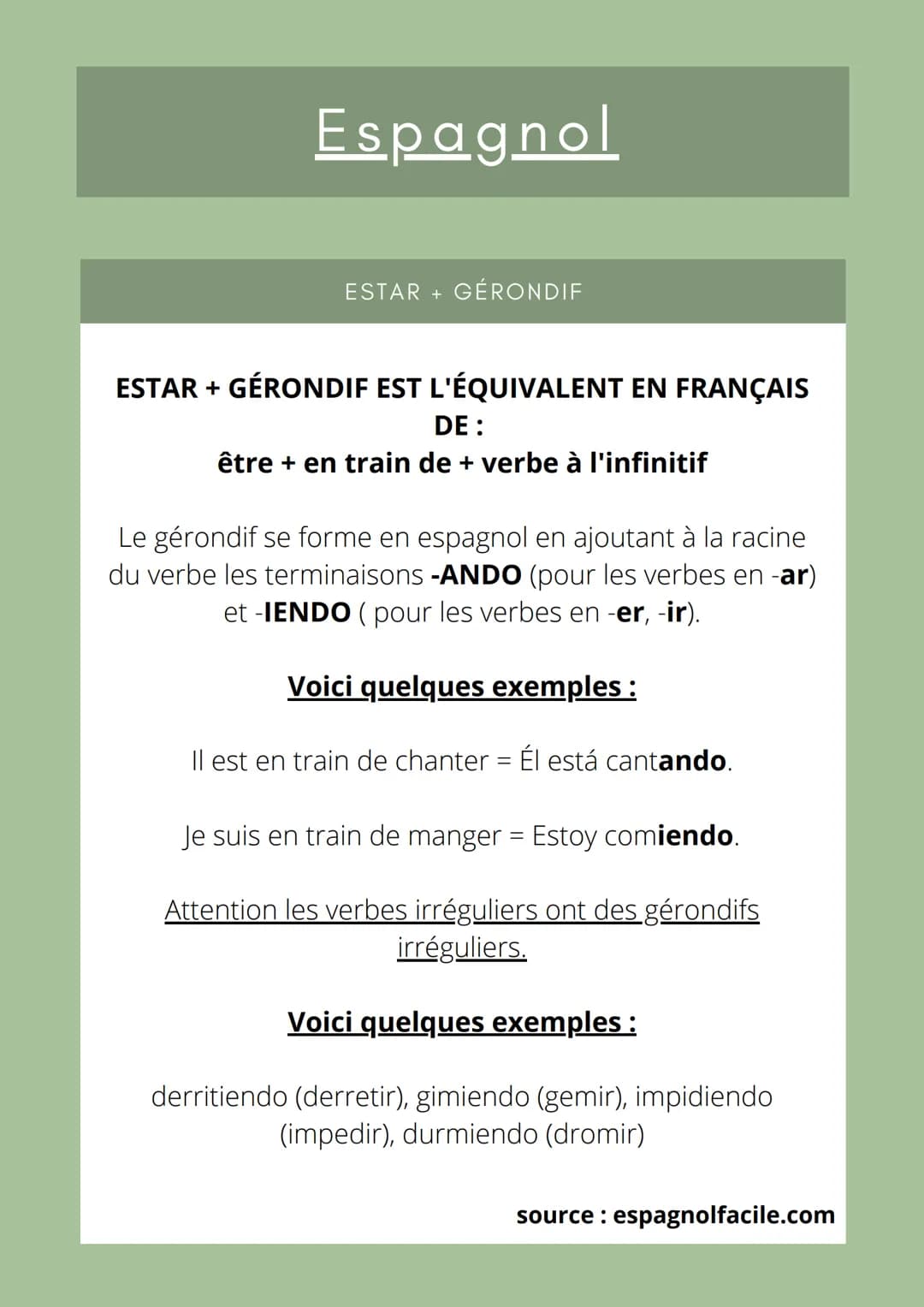 Espagnol
ESTAR + GÉRONDIF
ESTAR + GÉRONDIF EST L'ÉQUIVALENT EN FRANÇAIS
DE:
être + en train de + verbe à l'infinitif
Le gérondif se forme en