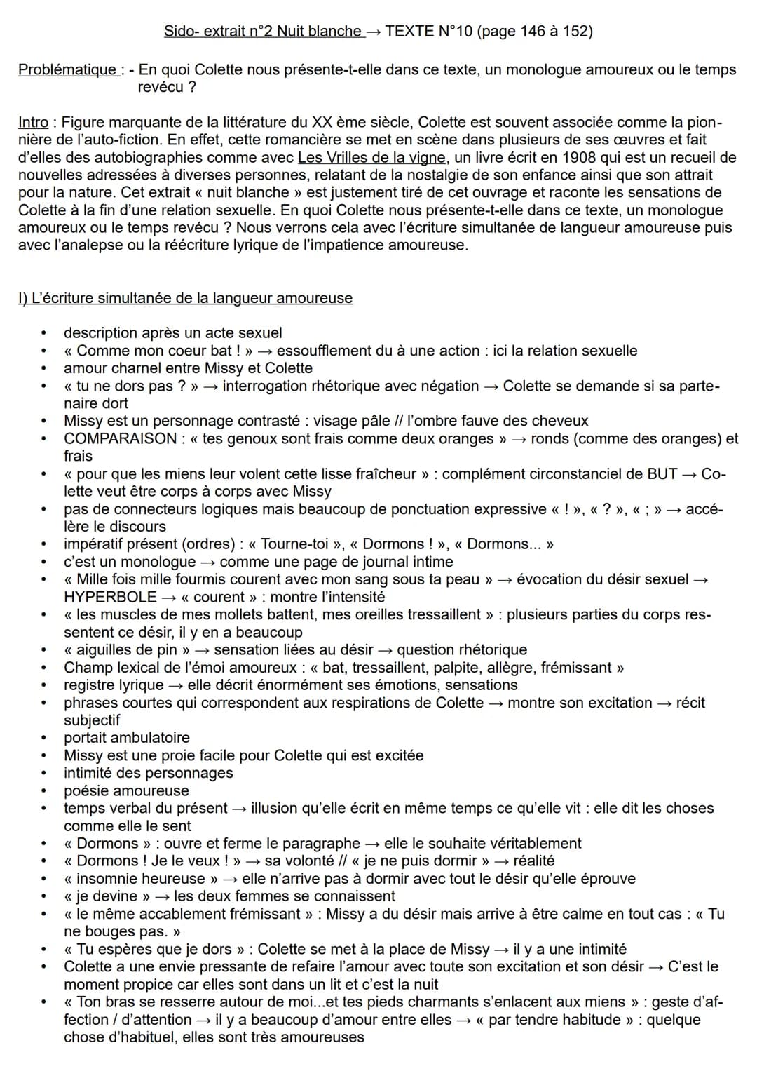 Sido- extrait n°2 Nuit blanche → TEXTE N°10 (page 146 à 152)
Problématique : - En quoi Colette nous présente-t-elle dans ce texte, un monolo