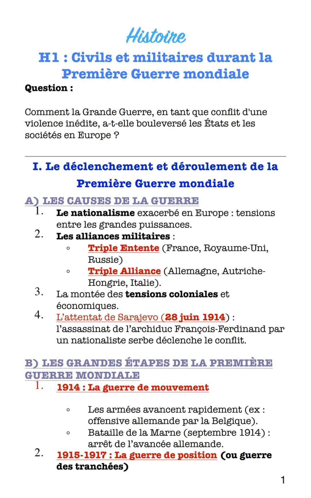 Histoire
H1: Civils et militaires durant la
Première Guerre mondiale
Question:
Comment la Grande Guerre, en tant que conflit d'une
violence 