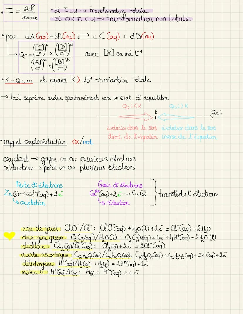 t = x²
xmax
• Si T = 1 -> transformation totale.
•si o<t < 1 →> transformation non totale
•pour aA (aq) + bB(aq) = c((aq) + dD(aq)
[C]
Qr
X
