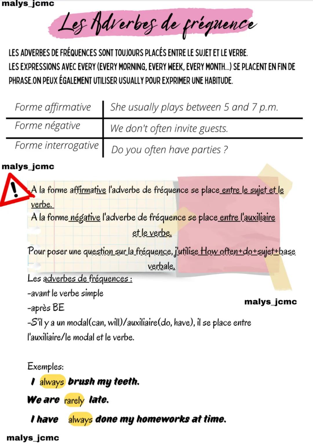 malys_jcmc
Liste adverbes de
fréquence
Always= toujours
nearly always presque toujours
usually, normally=d'habitude
often = souvent
very oft