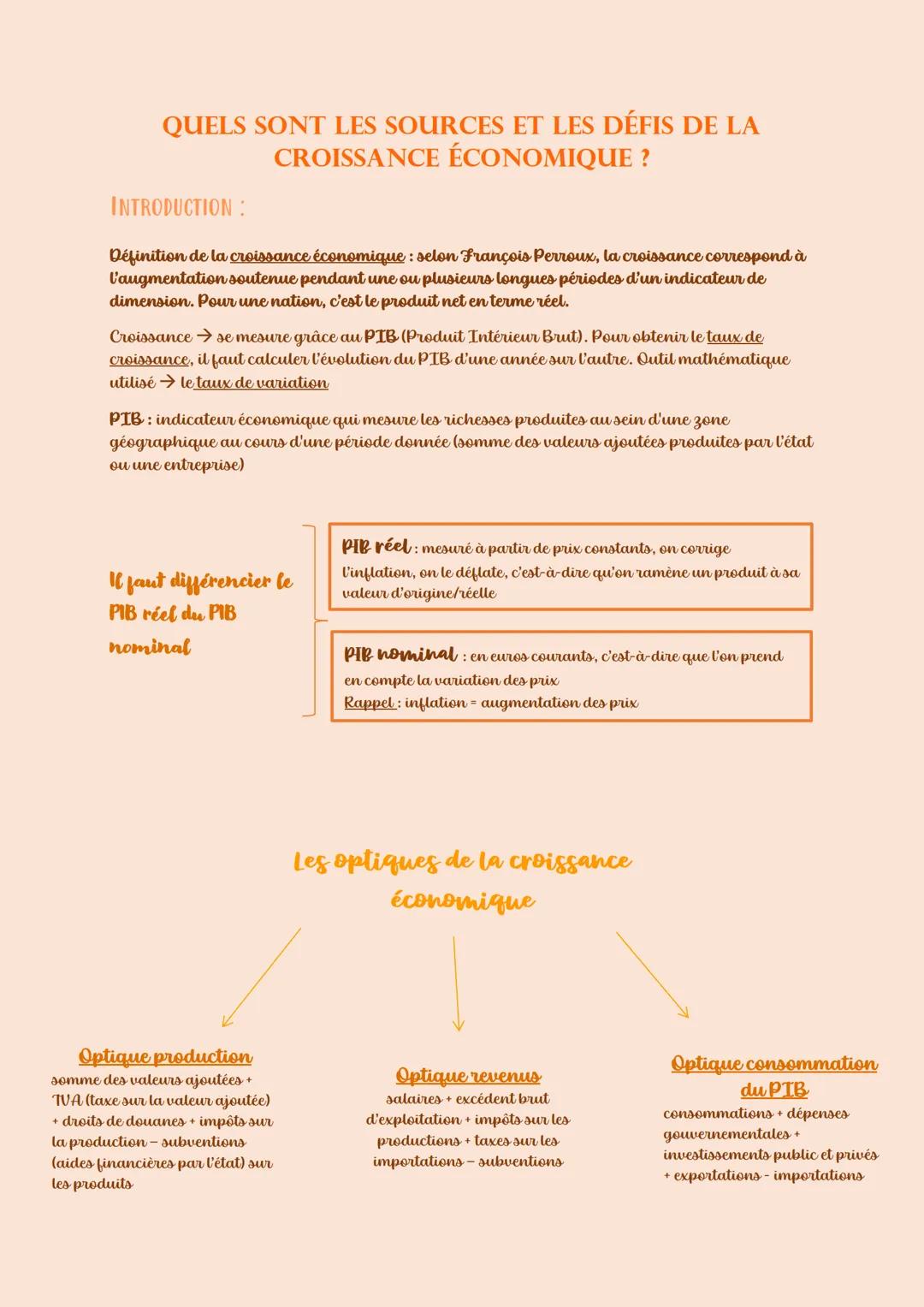 QUELS SONT LES SOURCES ET LES DÉFIS DE LA
CROISSANCE ÉCONOMIQUE ?
INTRODUCTION:
Définition de la croissance économique: selon François Perro