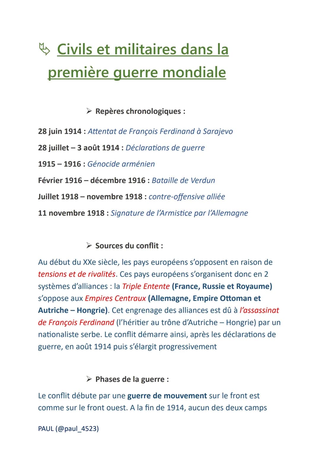 Civils et militaires dans la première guerre mondiale - Fiche bilan
