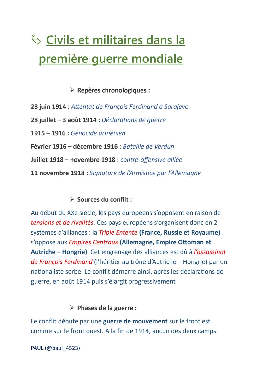 Civils et militaires dans la
première guerre mondiale
➤ Repères chronologiques :
28 juin 1914: Attentat de François Ferdinand à Sarajevo
28 