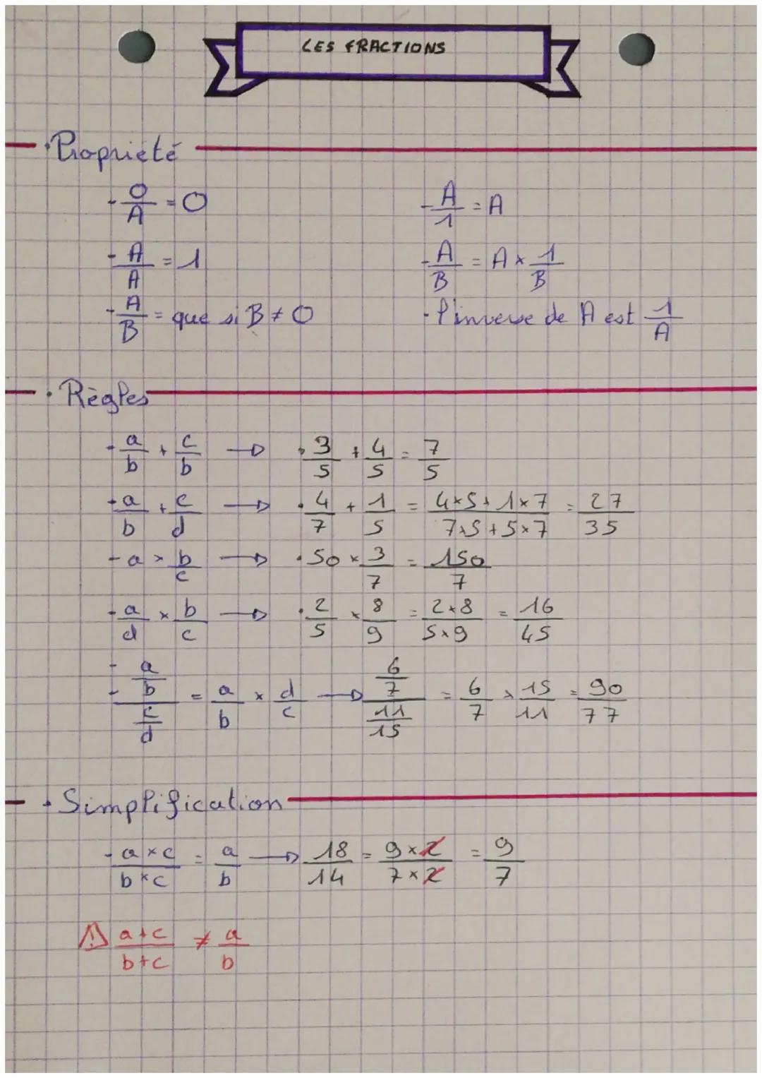 # LES FRACTIONS

-Propriété

-$
\frac{0}{A} = 0$

-$
\frac{A}{A} = 1$

-$
\frac{A}{B}$= que si $B \neq O$

$
\frac{A}{1} = A$

$
\frac{A}{B}