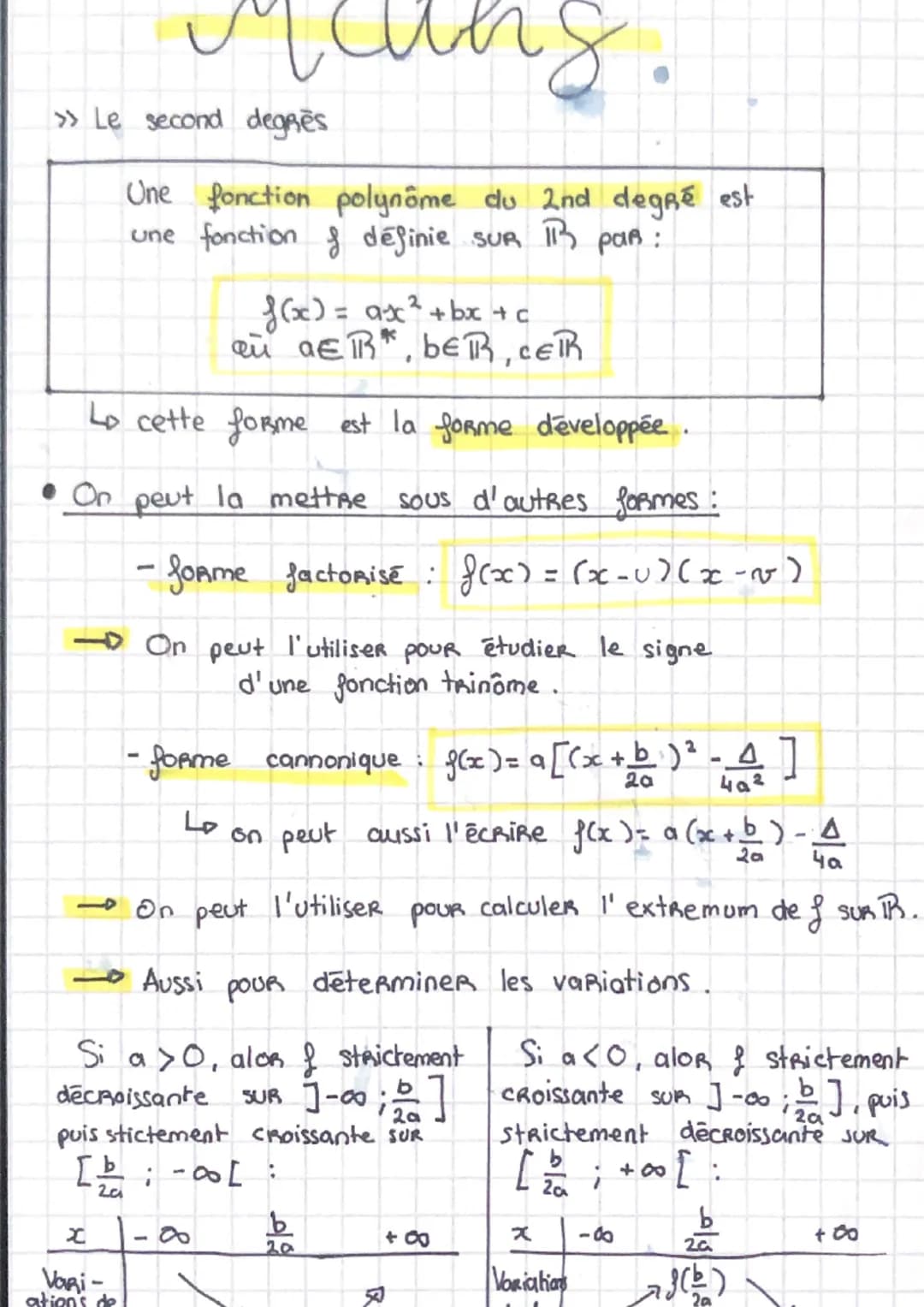 ing
Une fonction polynôme du 2nd degré est
une fonction & définie SUR IR PAR
>> Le second degres
f(x) = ax ² +bx+c
au aER", bET, CETR
Lo cet